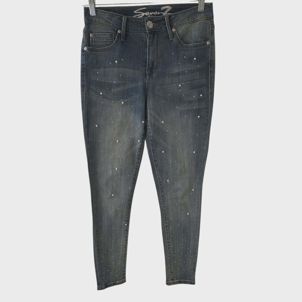 Seven 7 Jeans Faux Pearl Embellished High Rise‎ Skinny Blue Denim Womens Size 6